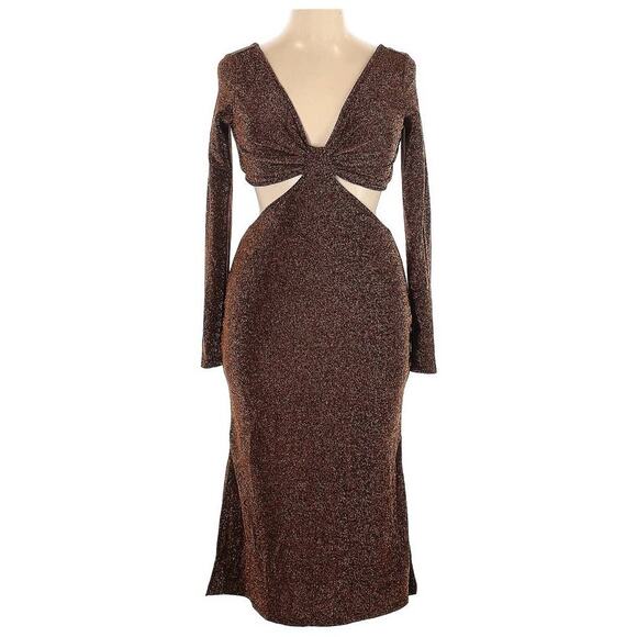 Lulus Sparks of Love Metallic Bronze Cutout Long Sleeve Midi Dress, Size XL, NWT - Picture 2 of 6